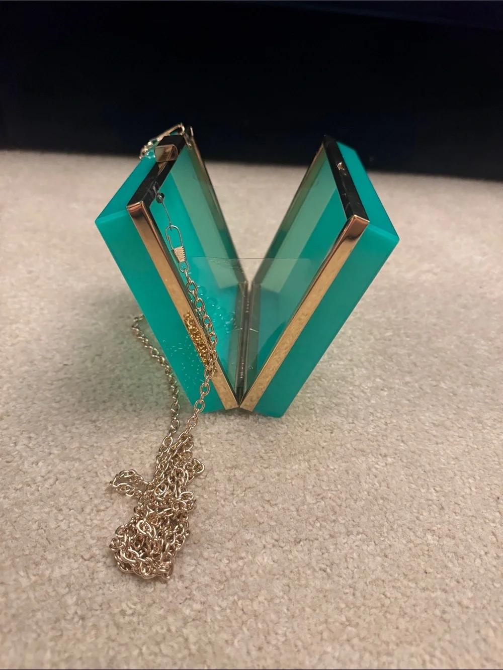 Teal Acrylic Box Clutch with Gold Chain